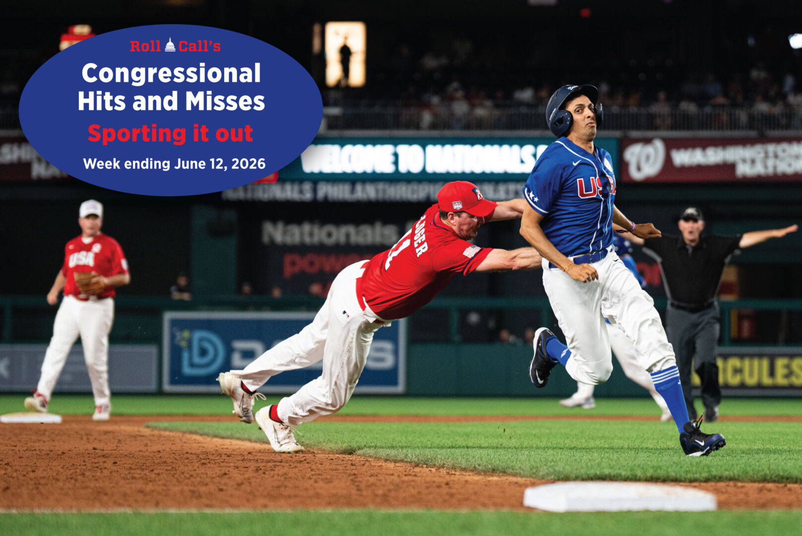 Republican Rep. August Pfluger, R-Texas, dives to tag out Democratic Rep. Suhas Subramanyam, D-Va., at third base during the Congressional Baseball Game at Nationals Park on June 10, 2026. 