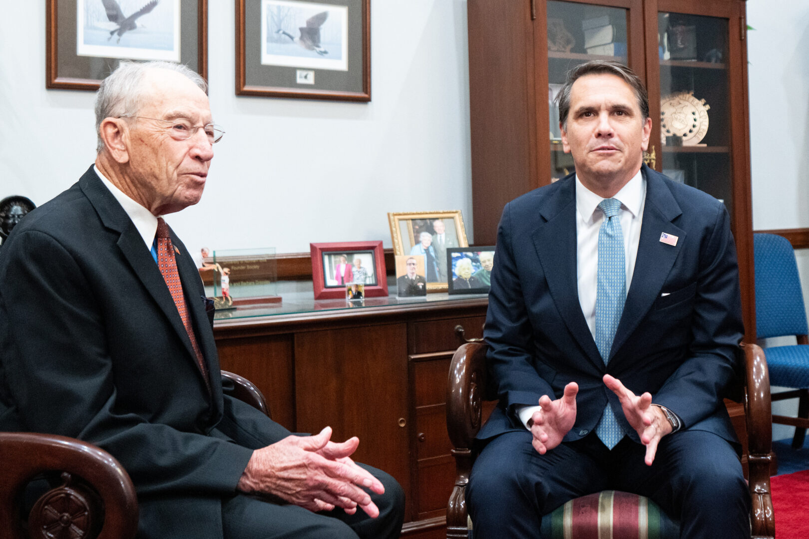 Senate Judiciary Committee Chairman Charles E. Grassley, R-Iowa, left, meets Monday with Todd Blanche, President Donald Trump’s nominee to be attorney general. 