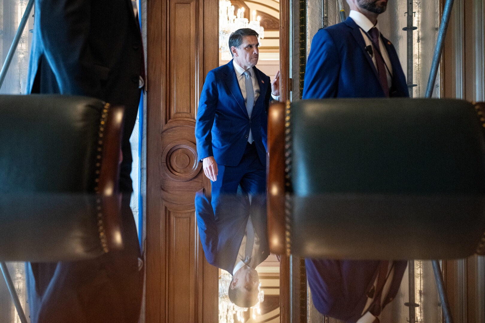 Acting Attorney General Todd Blanche leaves the vice president’s office in the Senate Reception Room to meet with Republican senators in the Mansfield Room in May. 