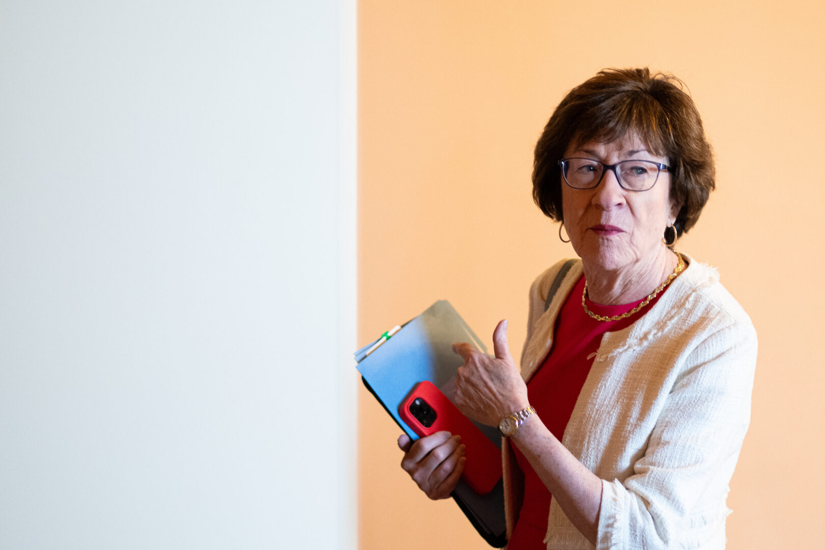 Senate Appropriations Chair Susan Collins, R-Maine, arrives for the Senate Republicans’ lunch meeting on Wednesday.