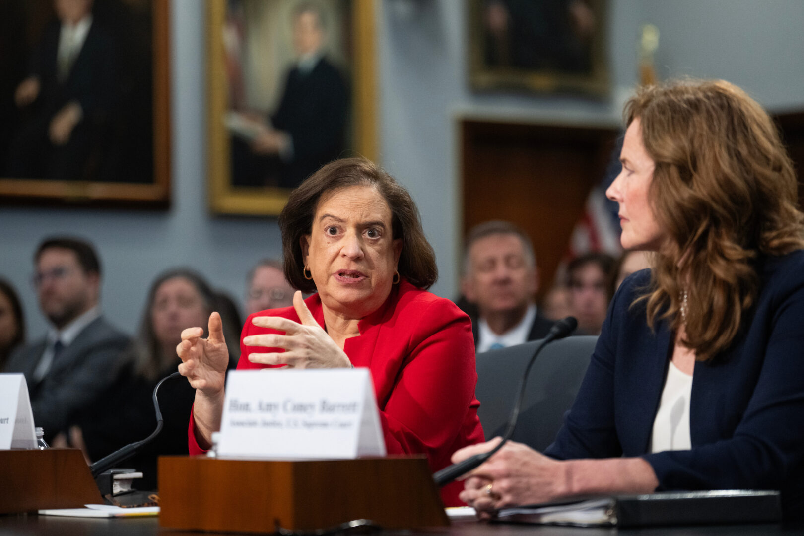 Justices Elena Kagan, left, and  Amy Coney Barrett testify during a House Appropriations Subcommittee on Financial Services hearing on Tuesday.