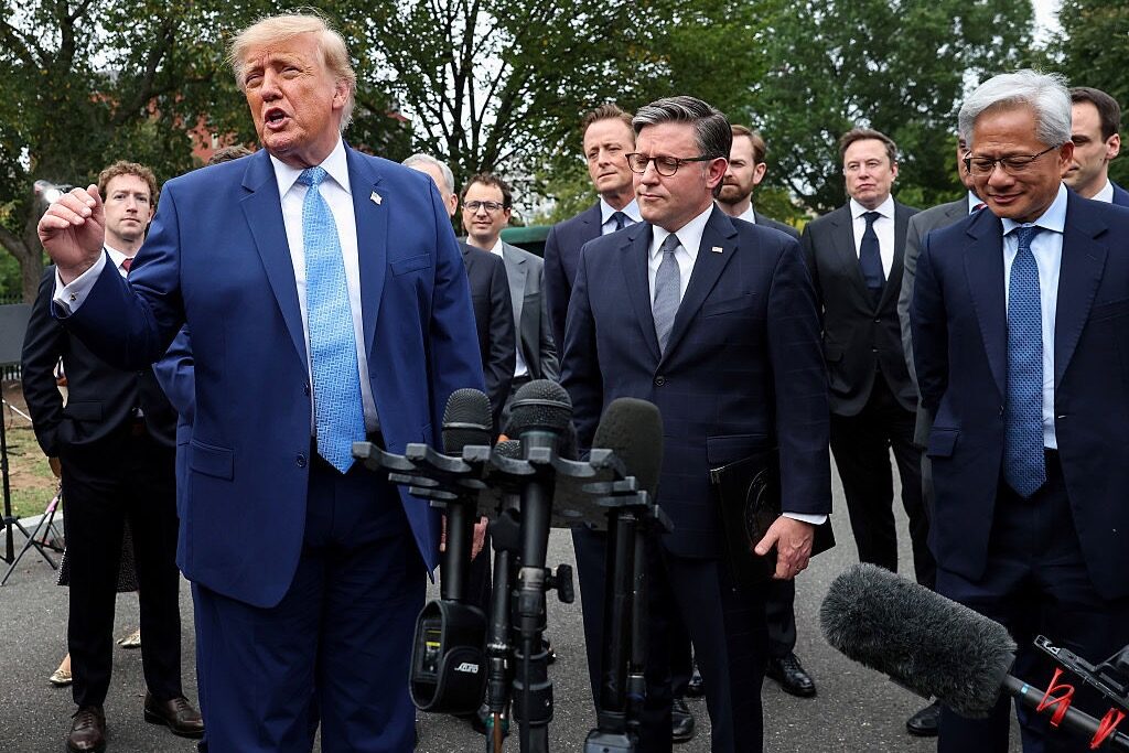 Trump speaks to reporters alongside Speaker Mike Johnson, Nvidia CEO Jensen Huang, Tesla and SpaceX CEO Elon Musk, Meta Platforms CEO Mark Zuckerberg and others following a meeting at the White House on artificial intelligence. (Kevin Dietsch/Getty Images)