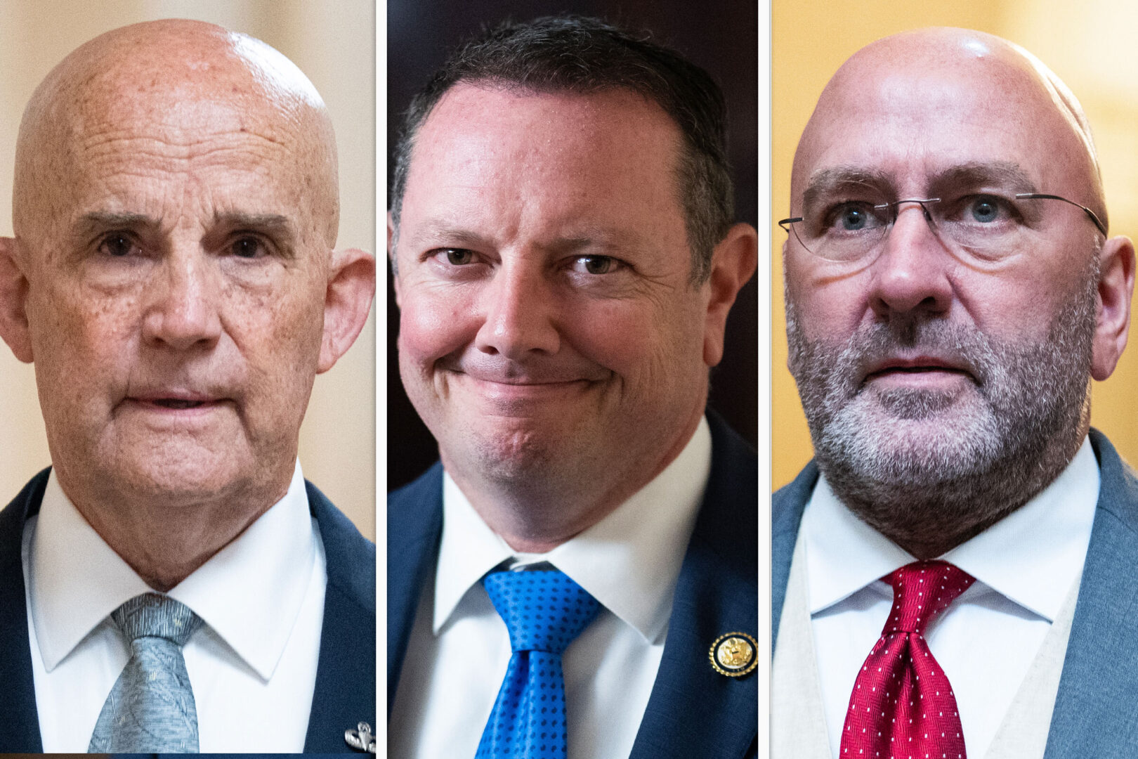 From left, Reps. Keith Self of Texas, Eric Burlison of Missouri and Clay Higgins of Louisiana have been floated as potential chairs of the House Freedom Caucus next Congress. (Bill Clark/Tom Williams/CQ Roll Call file photos)