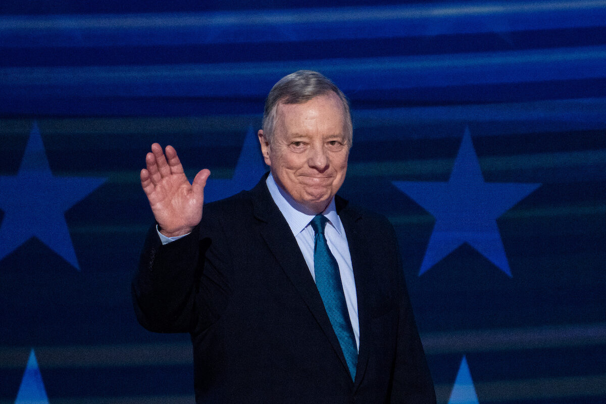 Senate Democratic whip Richard J. Durbin speaks during the 2024 Democratic National Convention in in Chicago. (Bill Clark/CQ Roll Call)