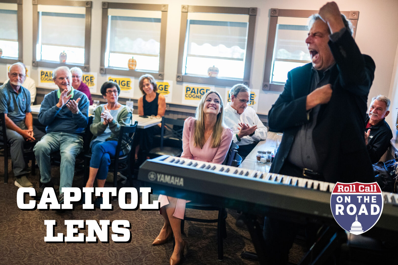 Scranton Mayor Paige Cognetti, Democratic candidate for Pennsylvania’s 8th District, listens to Jon “Bowzer” Bauman, president of Social Security Works PAC — and former signer for the band Sha Na Na —  perform during a campaign event in Jessup, Pa., on Oct. 7, 2026.