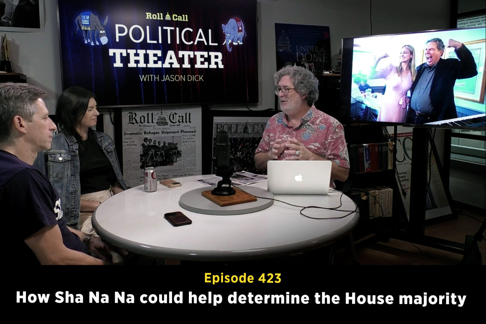 Political Theater host Jason Dick, right, talks with Roll Callers Mary Ellen McIntire, center, and Tom Williams about their recent reporting trip in Pennsylvania. 