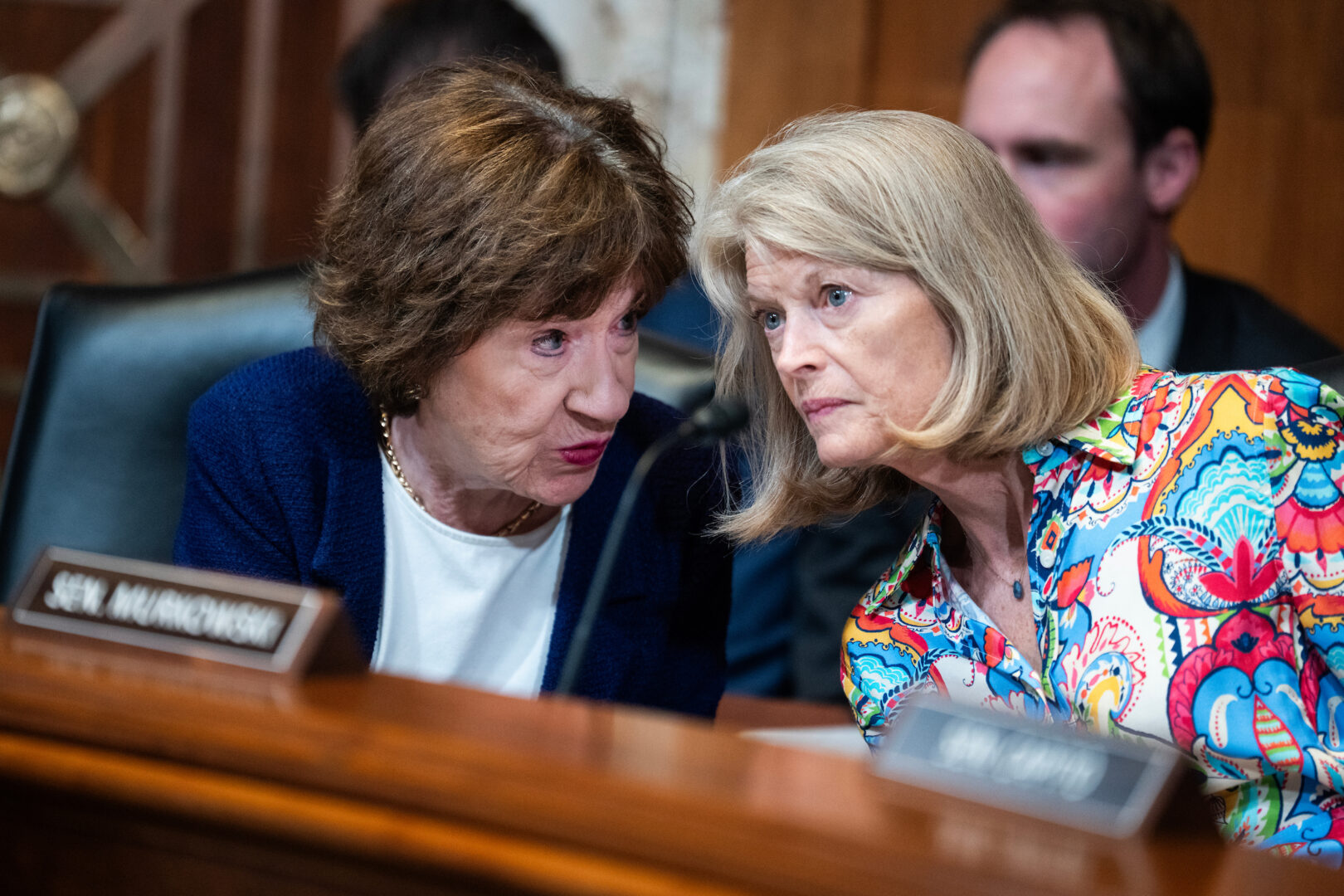 Sens. Susan Collins, R-Maine, left, and Lisa Murkowski, R-Alaska, attend a Senate Homeland Security Appropriations Subcommittee hearing on June 2. They are among six Republican senators who signed a letter opposing the Russian diesel purchases deal.