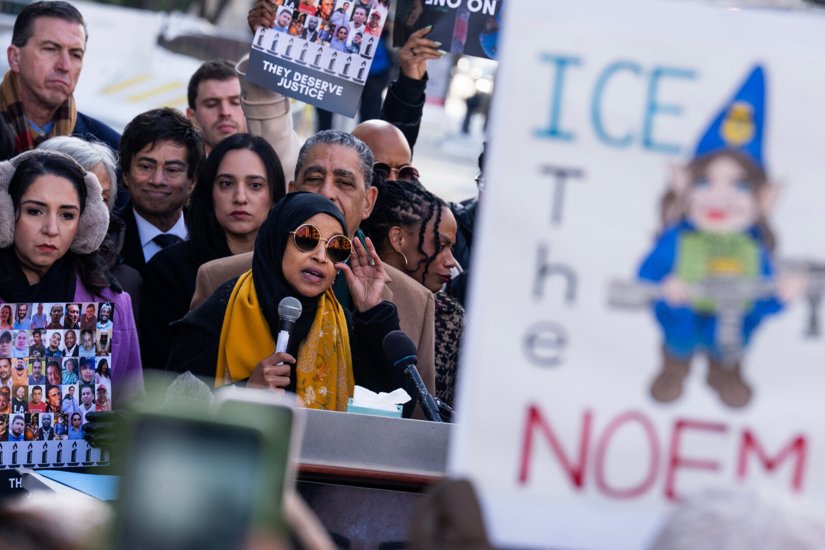 Rep. Ilhan Omar, D-Minn., speaks at a rally outside Immigration and Customs Enforcement headquarters on Feb. 3, 2026. 
